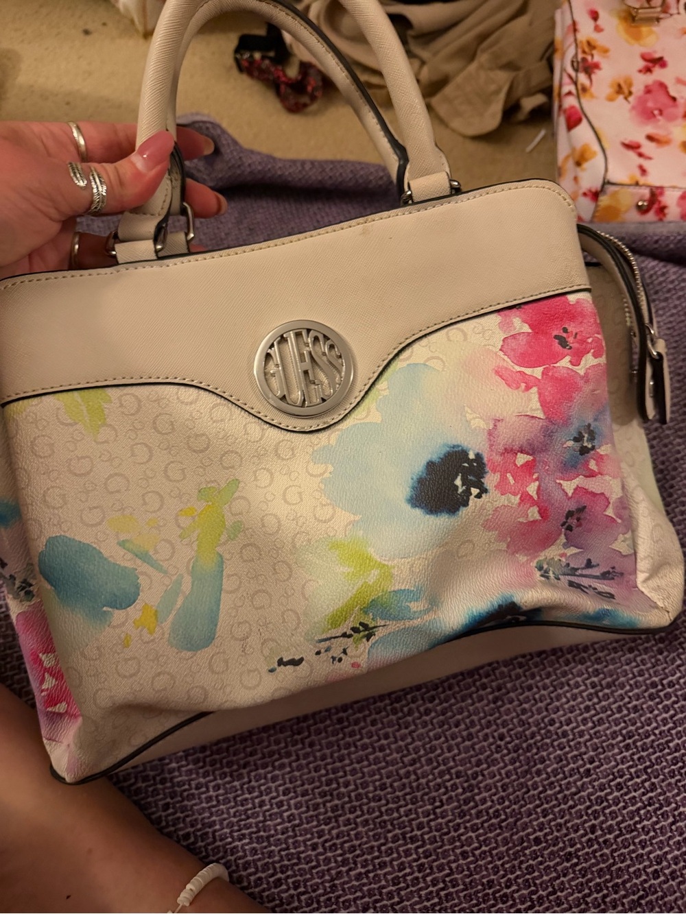 Guess Floral Print Satchel Handbag in Cream and Pastel Vintage